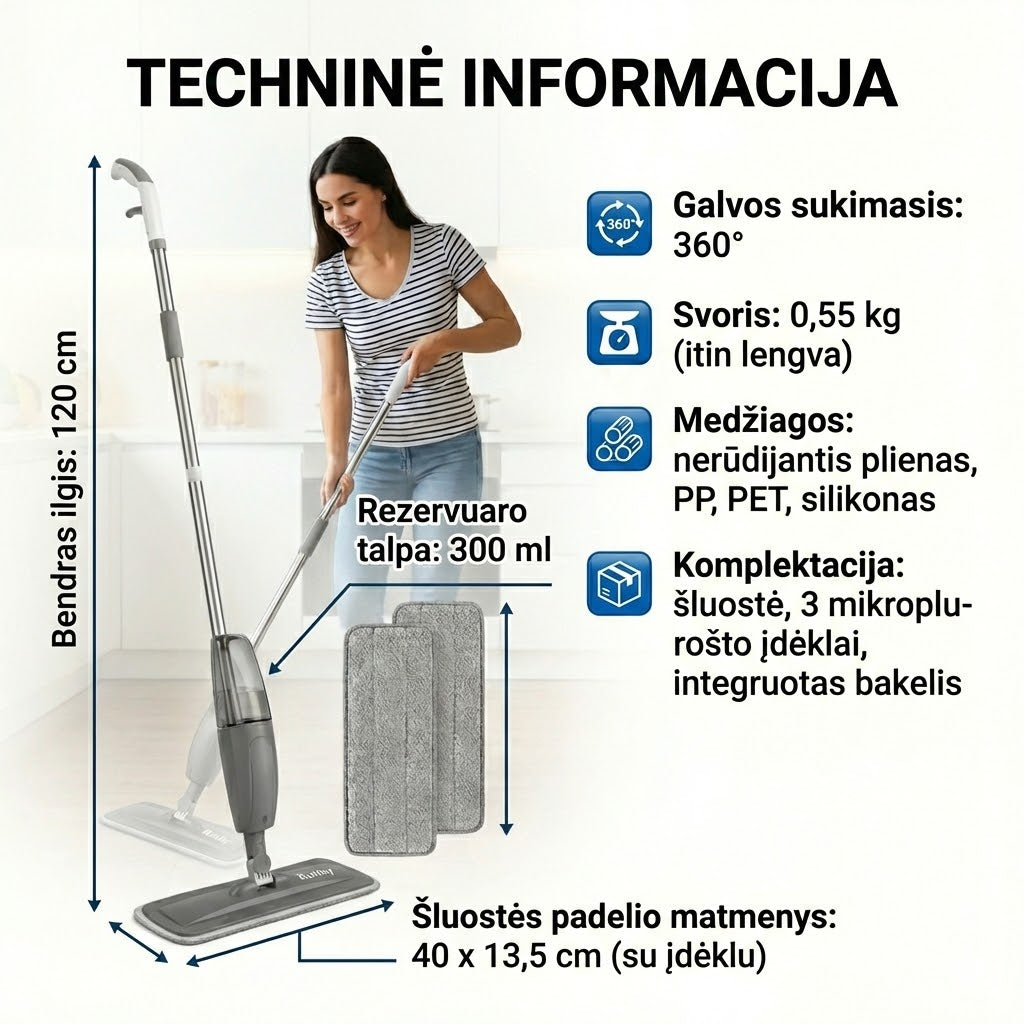 Purškiama grindų šluota su 300 ml talpa – nepriekaištinga švara be kibiro ir vargo