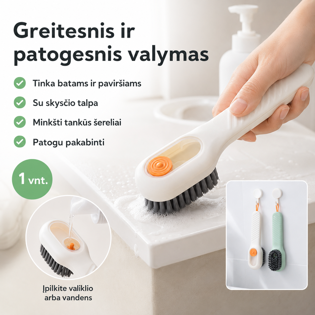 Valymo šepetys su skysčio talpa (minkšti šereliai ir patogi rankena)