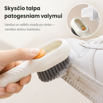 Valymo šepetys su skysčio talpa (minkšti šereliai ir patogi rankena)