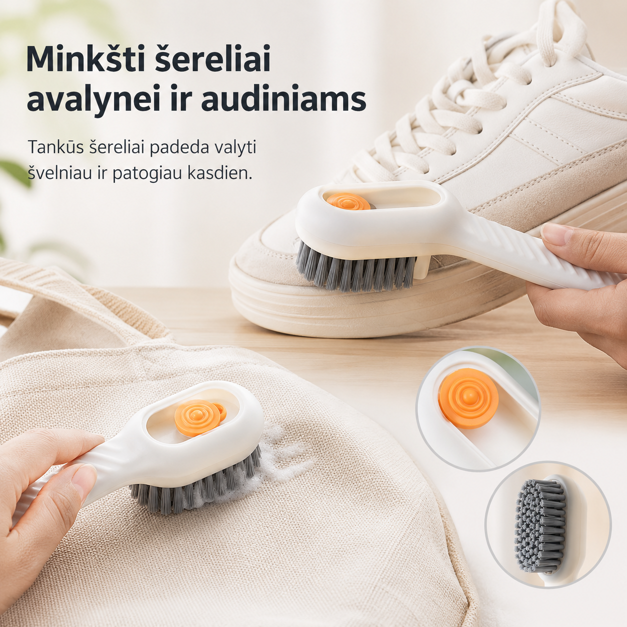 Valymo šepetys su skysčio talpa (minkšti šereliai ir patogi rankena)