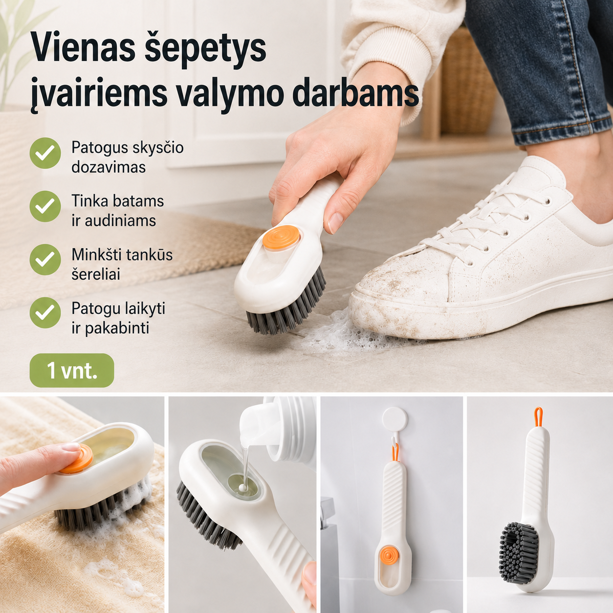 Valymo šepetys su skysčio talpa (minkšti šereliai ir patogi rankena)