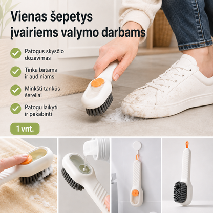 Valymo šepetys su skysčio talpa (minkšti šereliai ir patogi rankena)
