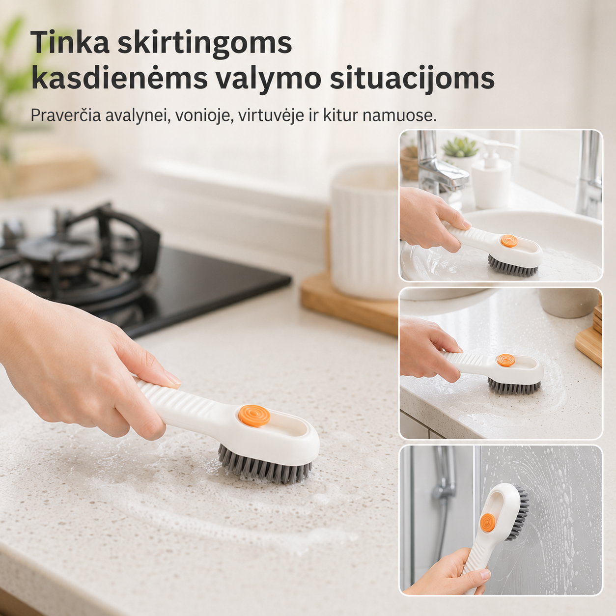 Valymo šepetys su skysčio talpa (minkšti šereliai ir patogi rankena)