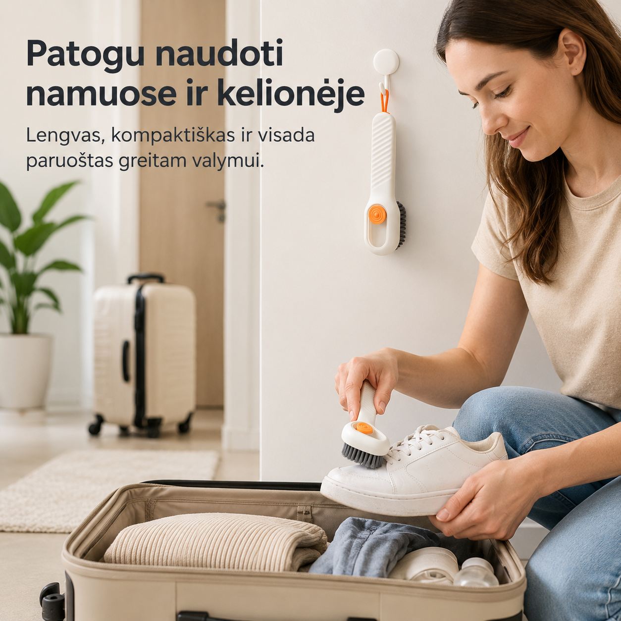 Valymo šepetys su skysčio talpa (minkšti šereliai ir patogi rankena)