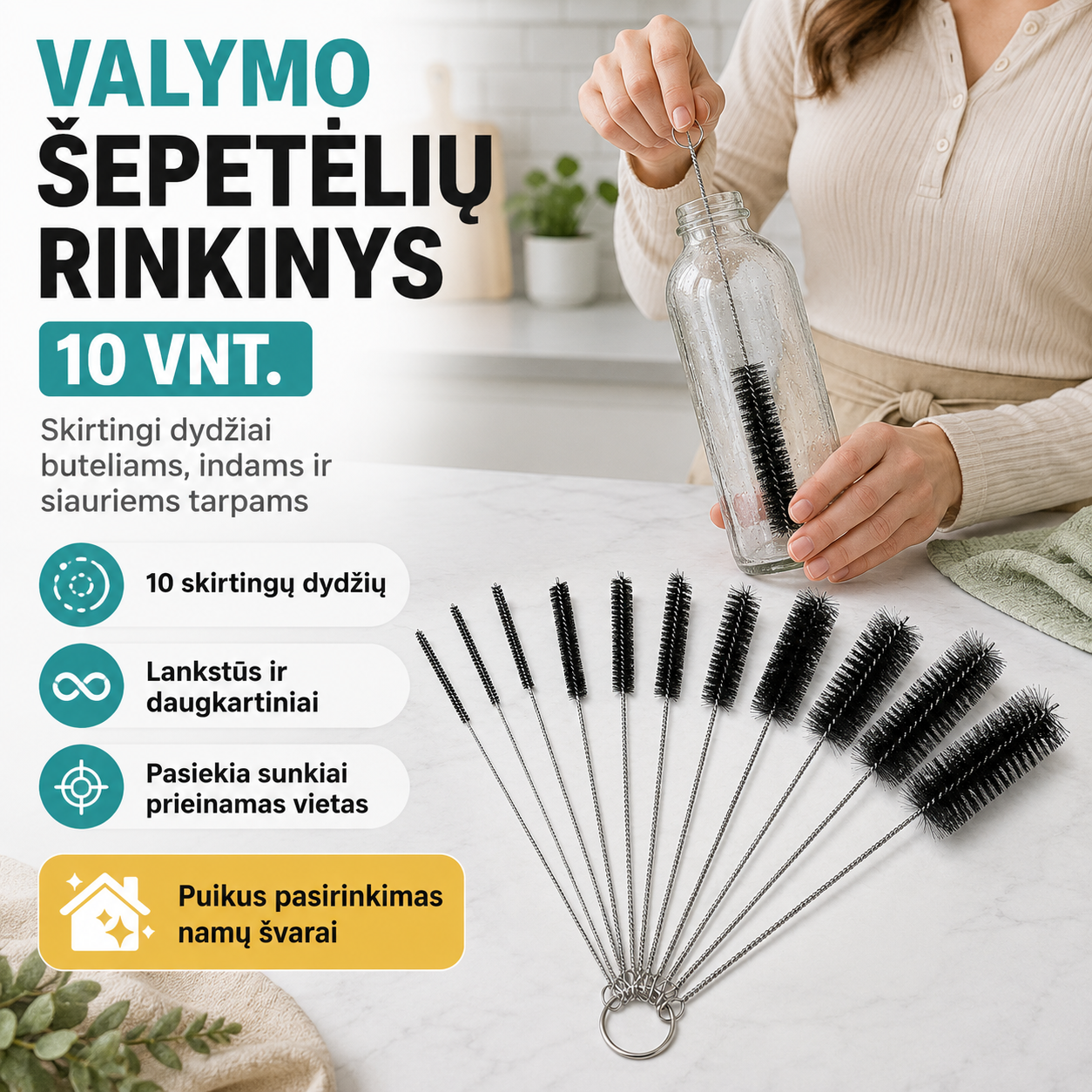 Valymo šepetėlių rinkinys 10 vnt. – švarai siauruose tarpuose ir sunkiai pasiekiamose vietose