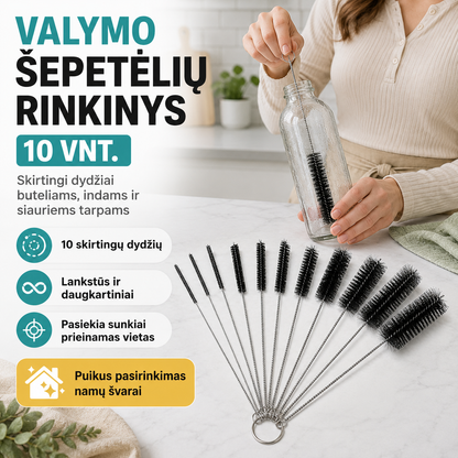 Valymo šepetėlių rinkinys 10 vnt. – švarai siauruose tarpuose ir sunkiai pasiekiamose vietose