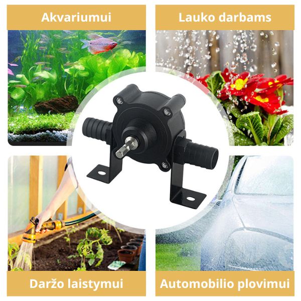 Vandens pompa tvirtinama prie gręžtuvo – greitas ir patogus vandens siurbimas be elektros