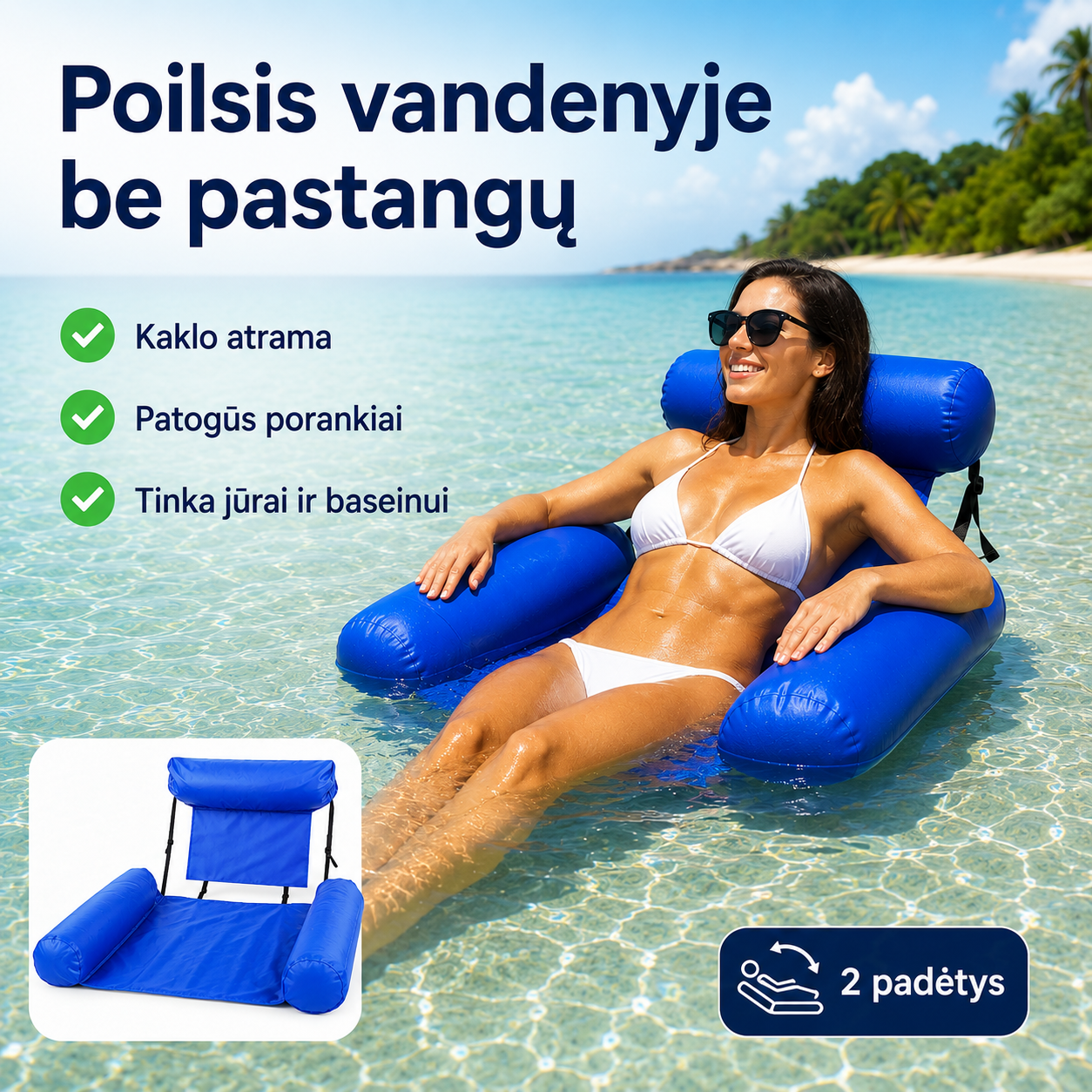 Pripučiama plūduriuojanti vandens kėdė (su porankiais ir kaklo atrama)