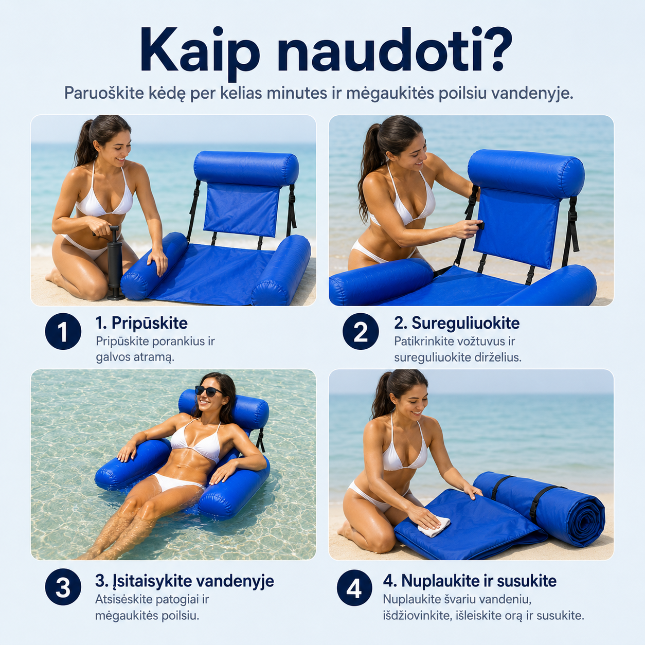 Pripučiama plūduriuojanti vandens kėdė (su porankiais ir kaklo atrama)