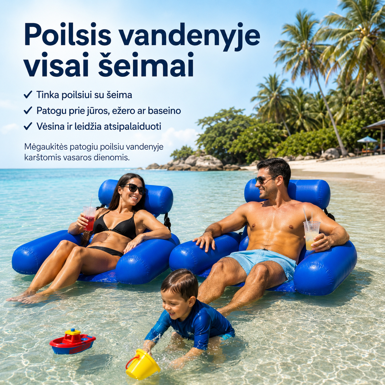 Pripučiama plūduriuojanti vandens kėdė (su porankiais ir kaklo atrama)