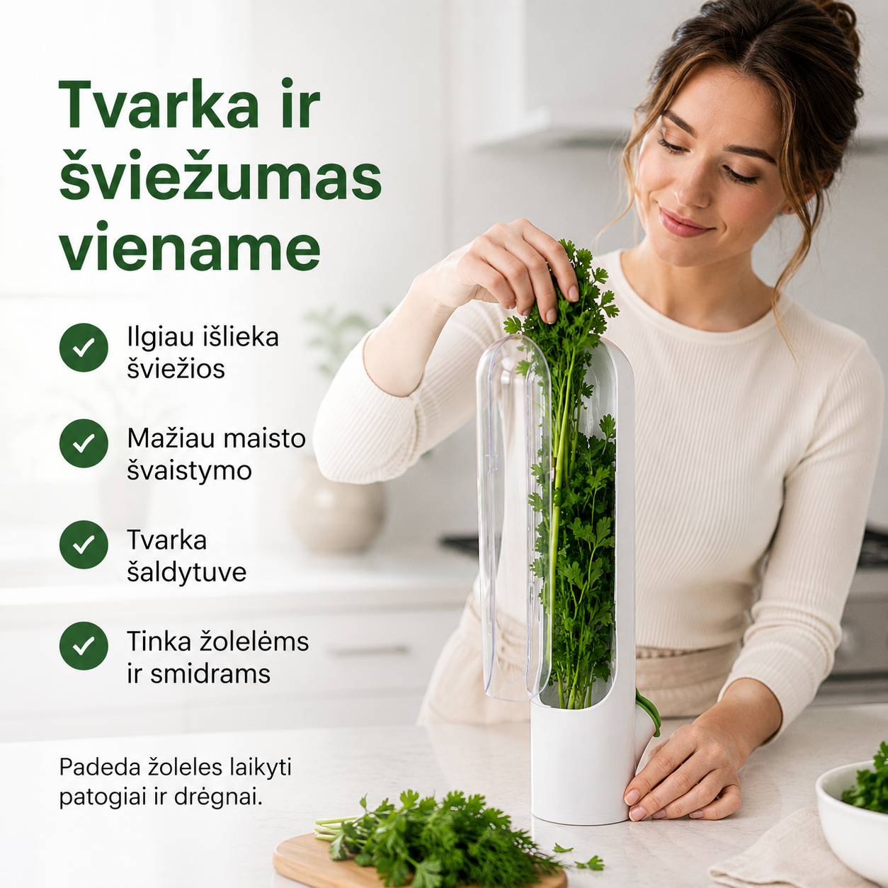 Žolelių laikymo indas šaldytuvui (padeda ilgiau išlaikyti šviežumą) – nuotrauka 2