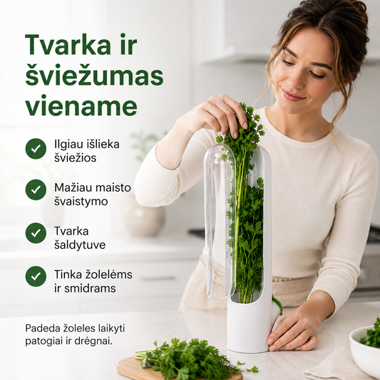 Žolelių laikymo indas šaldytuvui (padeda ilgiau išlaikyti šviežumą)