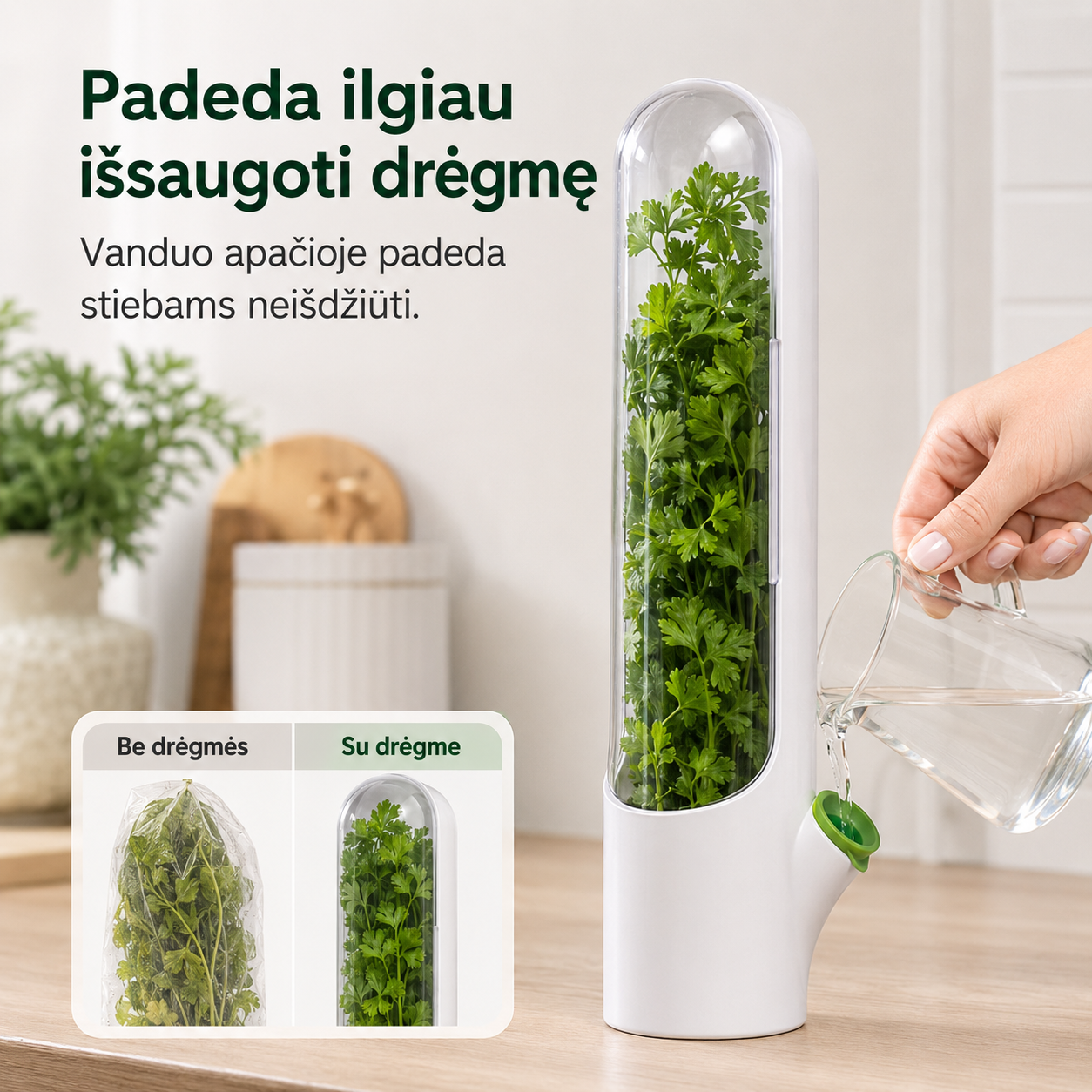 Žolelių laikymo indas šaldytuvui (padeda ilgiau išlaikyti šviežumą) – nuotrauka 4